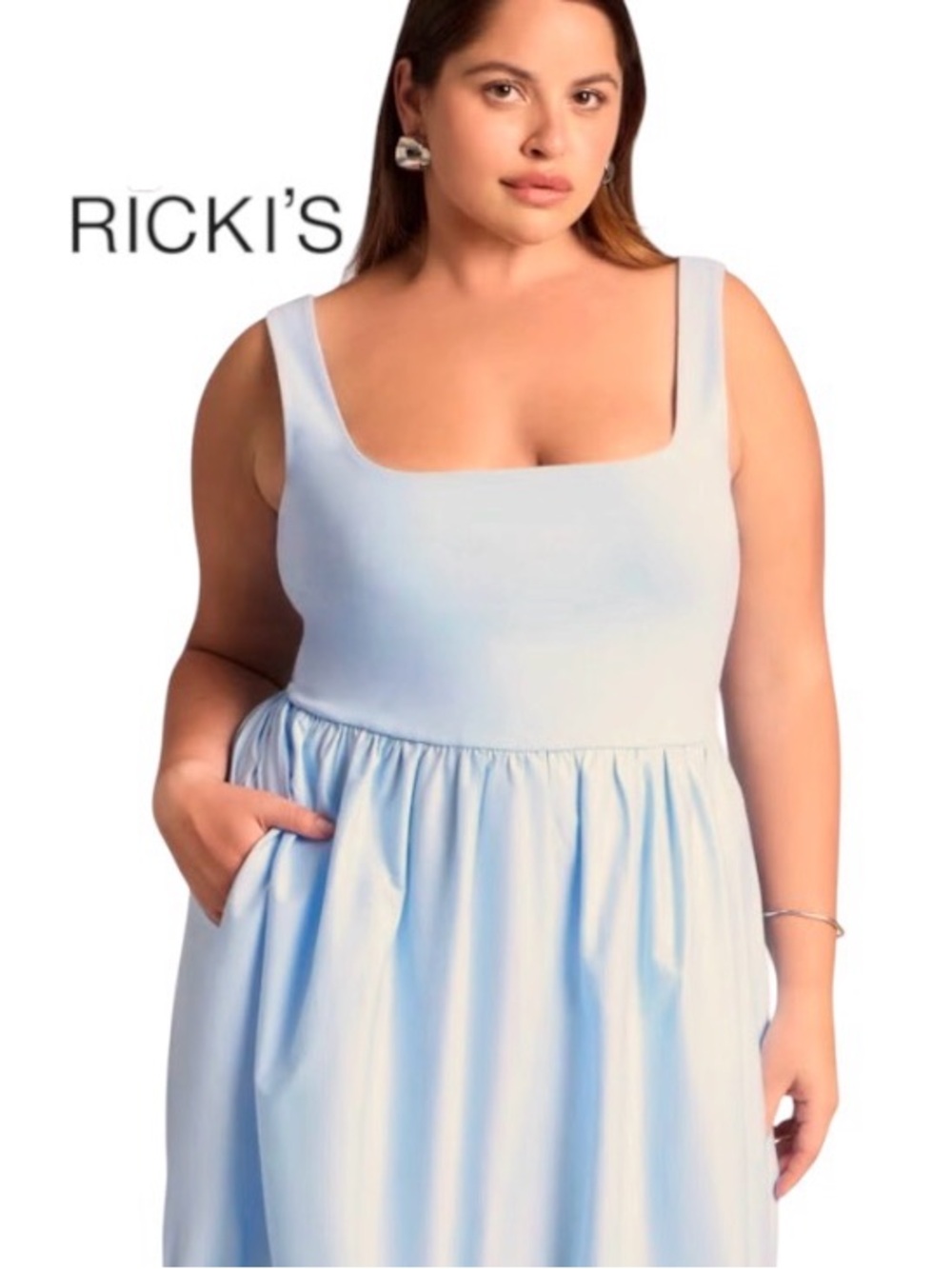 XXL Cloud  Blue Cotton Square Neck Tiered Sleeveless Dress, Fully Lined